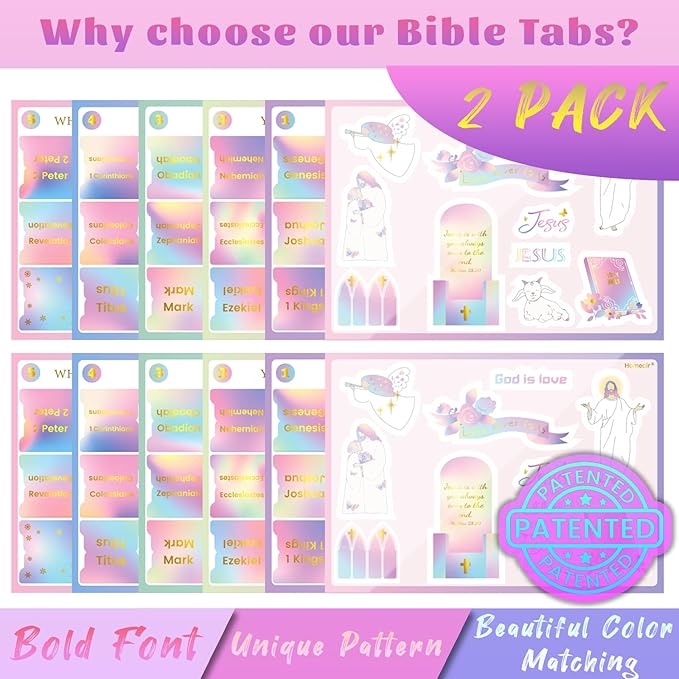 2 Pack Bible Tabs, Gold Foil Laminated Bible Tabs, Bible Tabs for Women & Men, Christian Gifts, Large Print Bible Tabs with Unique Sticker, Bible Book Index Tabs Labels, Bible Study Supplies, Rainbow