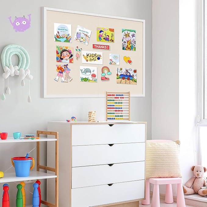 Miratino Large Bulletin Board 48x36 inch with Linen Cork Boards Wall Decor Hanging Pin Wood Framed Display Bulletin Cork Photo Picture Board Light for Room School Office 30-Pushpin White