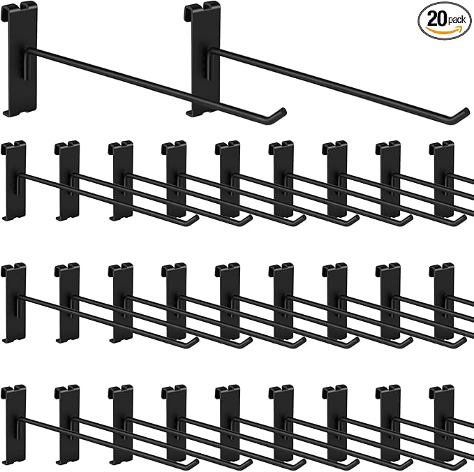 20Pcs Gridwall Hooks, Metal Grid Panel Hanging Peg Hooks, Grid Wall Accessory for Clothes Storage, Home Organization, Retail Display (Black, 10"/25Cm)