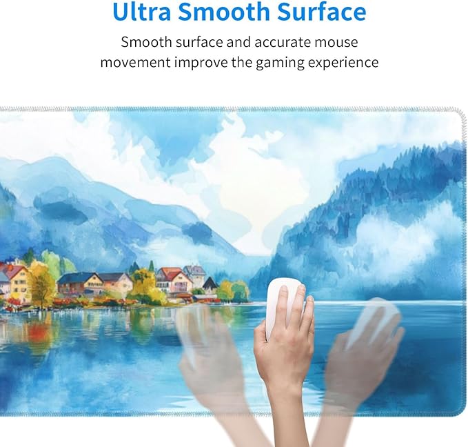 Watercolor Village Mouse Pad XL Large Mousepad Non Slip Rubber Base Desk Mat for Laptop Computer Gaming 31.5" X 12"