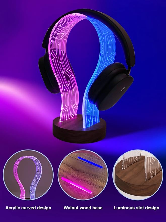 YuanDian Headphone Stand, Walnut Wood Headset Holder with Blue Pink LED Night Light for Gamers, Men, and Music Lovers - Perfect Desk Gift Idea