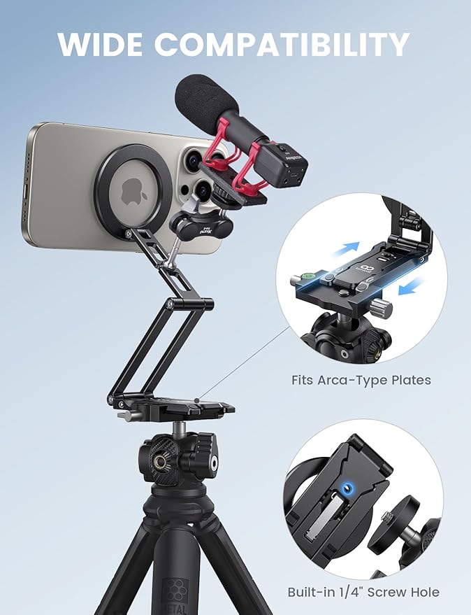 Lamicall for Magsafe Tripod Stand - [Ultra-Compact] Aluminium Magnetic Phone Tripod for iPhone 17/16 Pro Max, Flexible Cell Phone Mount Gift with 1/4" Screw, Arca & Hook Black