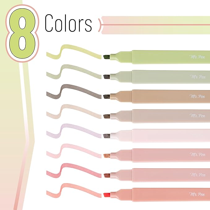 Mr. Pen- Aesthetic Highlighters, 8 pcs, Chisel Tip, Boho Colors, No Bleed Bible Highlighter Pastel, Assorted Colors, Cute