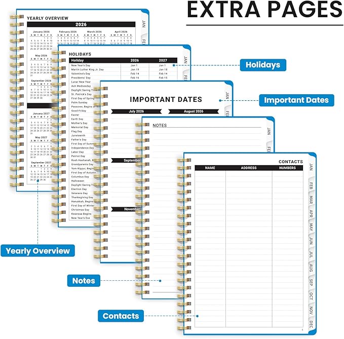 2026 Planner, Weekly and Monthly Calendar Planner, January 2026 - December 2026, Hardcover 2026 Calendar Book with Tabs For Women & Men, Inner Pocket, Spiral Bound, Perfect for Office Home School Supplies - A5 (6.3" x 8.5"), Azure Blue