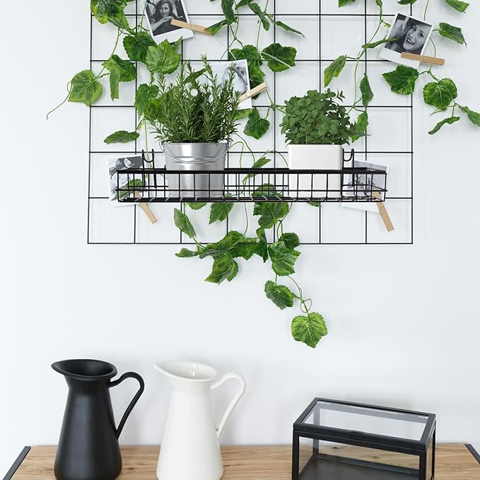4 Pcs 15.75 x 3.94 x 1.97 Inch Metal Grid Wall Baskets with Hooks Grid Wall Shelves Hanging Wire Basket Multi Function Storage Organizer for Kitchen Organizing Display (Black)