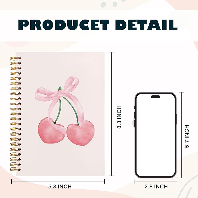 BearCake Preppy Pink Aesthetic Notebook,Cute notebooks for Women,Pink Cherry Dog Gift Desk Accessories for Women, Hardcover Spiral Notebook 5.5x8.3
