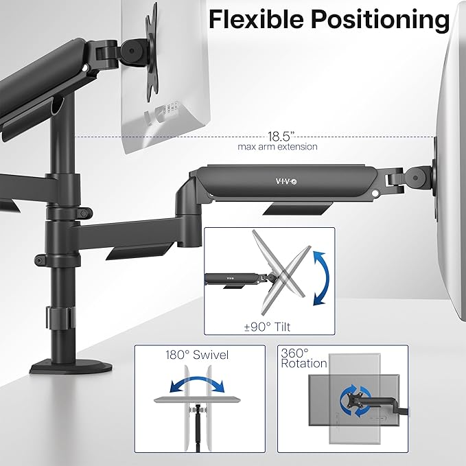 VIVO 17 to 32 inch Dual Pneumatic Monitor Mount, 2 Pneumatic Arms, Adjustable Swivel, Rotation, Heavy Duty VESA Desk Stand with C-clamp, Grommet, Max VESA 100x100, Black, STAND-V002K