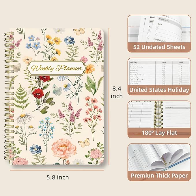 Weekly Planner Undated - 52 Weeks To Do List Notebook A5 for Work: Weekly Task, Habit Tracker Journal, Goal Setting, Agenda Sprial Bound Organizer Book Women Cute Stylish Design, Floral