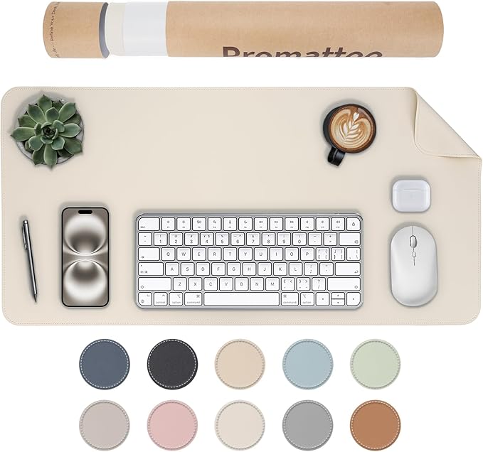 Oversized Non-Slip Desk Pad Protector with Premium Gift Box – Vegan Leather Waterproof Laptop Mat for Keyboard & Mouse, Grips Desk Firmly – Large Office Pad– Creamy White