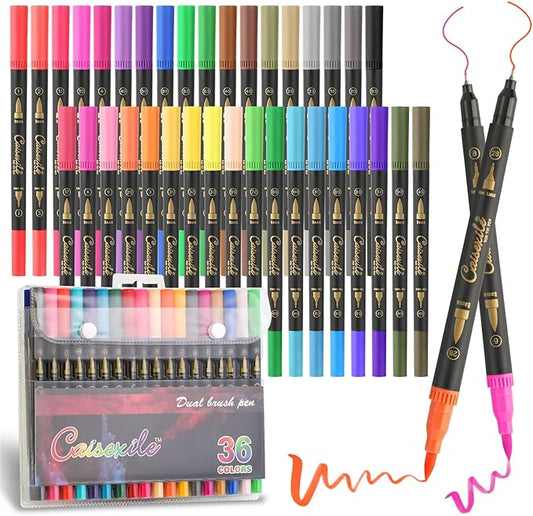 36 Colors Duo Tip Pens Art Markers Set, 72 Nibs Fine and Brush Tip for Adult Coloring Books Journaling Note Taking Lettering Calligraphy Drawing Pens Supplies