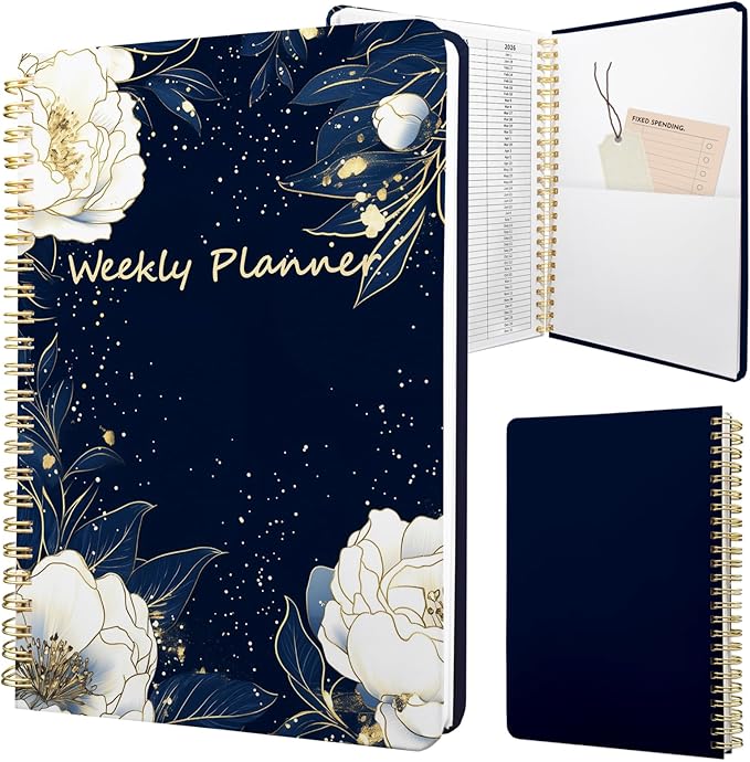 Weekly Planner Undated - 52 Weeks To Do List Notebook A5 for Work: Weekly Task, Habit Tracker Journal, Goal Setting, Agenda Sprial Bound Organizer Book Women Cute Stylish Design, Blue Flower
