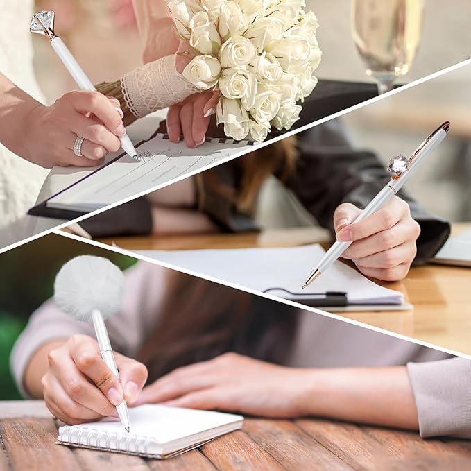 WEMATE 8Pcs Ballpoint Pens Set Metal Crystal Diamond Pen Glitter for Journaling White Pen Bling in Black & Blue Ink Pretty Cute Pens Fancy Pens Mothers Day Gifts for Women Wedding School Office(White)