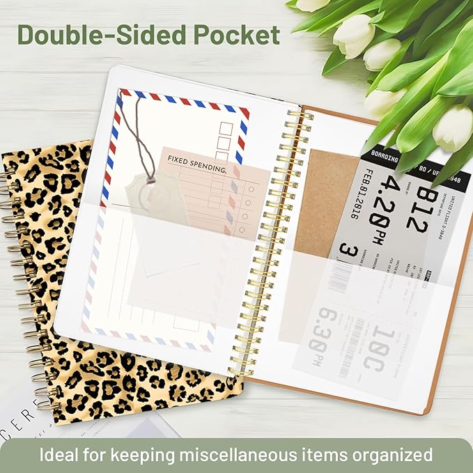 Stanoha Cute Spiral Notebook A5 Journal for Women Girls Kawaii Aesthetic Pretty Floral Design with Pocket, 8.5 x 5.7 inch, Graph, Leopard Print