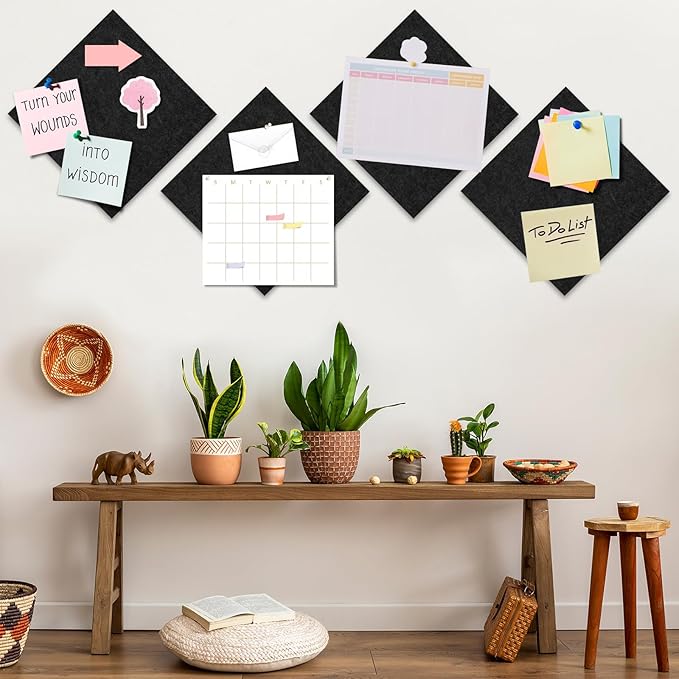 Felt Cork Board Tiles 6 Pack Black Bulletin Boards 12"x12" - 1/2" Thick Corkboards for Wall Bulletin Board Self Adhesive with 100 Push Pins for Wall School Home Office