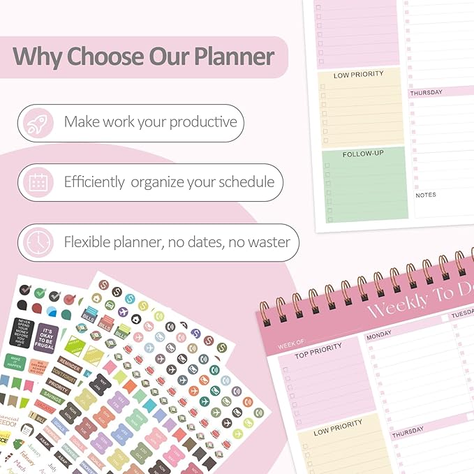 Weekly To Do List Notepad with 52 Undated Sheets (8.5"×11"), Desk Weekly Planner Notepad for Office Desk Accessories and School Supplies (Pink)