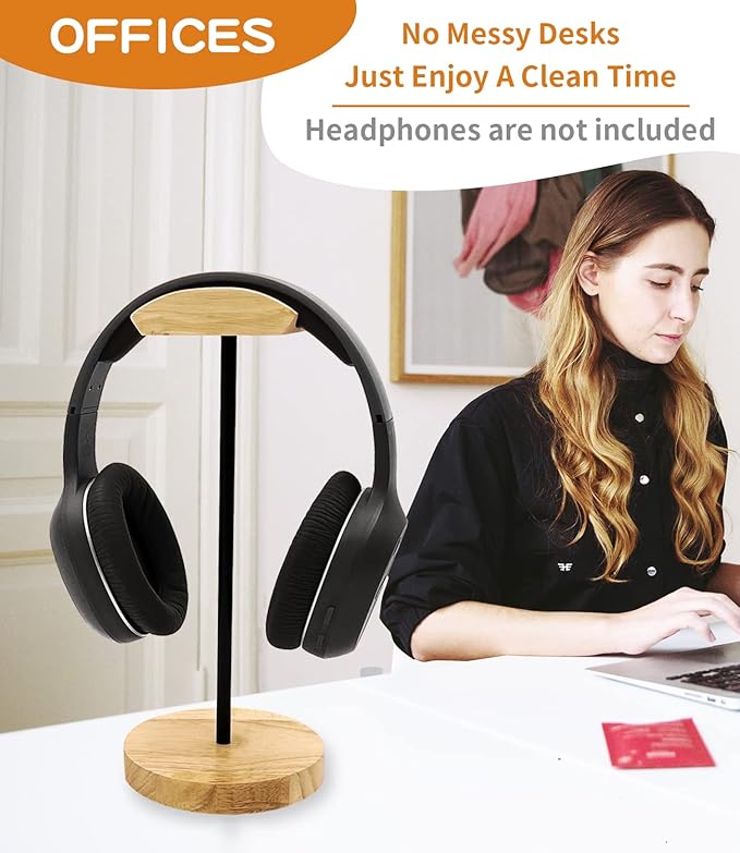 Headphone Stand Nature Wood & Aluminum Headset Hanger Mount Hook Gaming Holder Desktop Earphone Artful Functional Craftmanship Stand for All Headsets with Solid Wooden Base