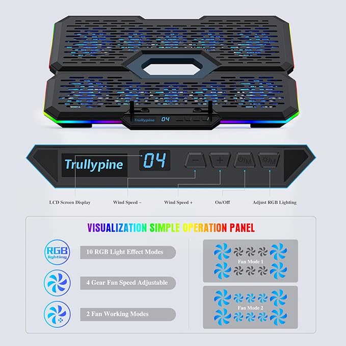Laptop Cooling Pad, Gaming Laptop Cooler with 10 Quiet Fans, Height Adjustable Laptop Cooling Stand for 12"-17" Laptops, RGB Lights with Laptop Fan with 2 USB Port and Phone Stand
