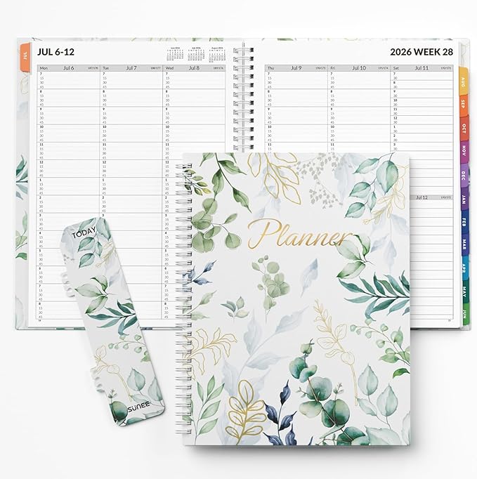 SUNEE 2026-2027 Appointment Book, Quarter-Hourly, Weekly & Monthly - from July 2026 to June 2027, 8.5"x11" Academic Planner, Flexible Cover, Note Pages, Bookmark, Spiral Binding, Greenery