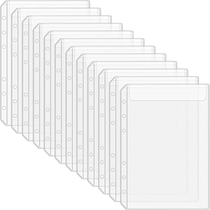 Antner 12PCS A5 Binder Pockets No Zipper 6-Hole Budget Cash Envelopes for Small Refillable Notebook, Zipless A5 Planner Inserts Binder Pouches Loose Leaf Money Organizer Bags for Saving Challenge
