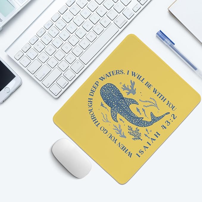 Yellow Whale Shark Mouse Pad,Ocean Room Deck Decor,Christian Bible Desk Mat for Dorm Home Office Desktop Decor,Christian Nursery Decor,10.2x8.2 in