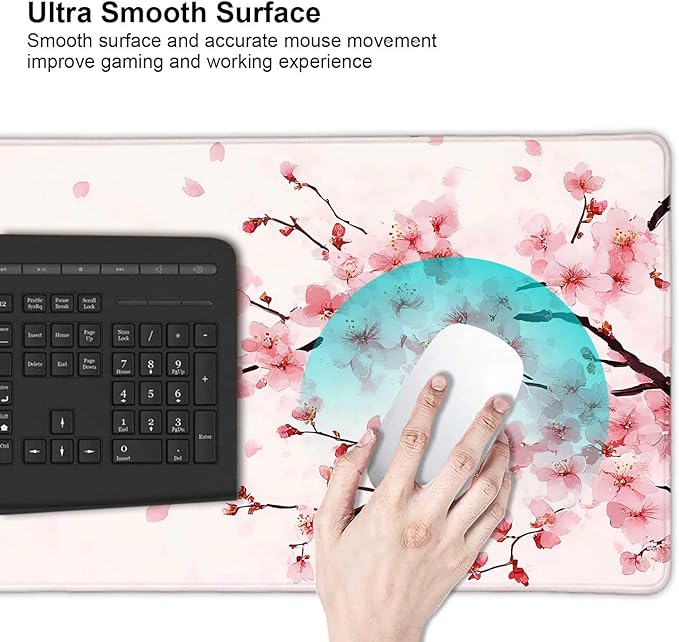 Pink Cherry Blossom Japanese Large Mouse Pad, Desk Mat Computer Keyboard Pad Non-Slip Rubber Base Waterproof with Stitched Edges for Laptop Gaming, Office & Home 31.5 x 11.8 Inch