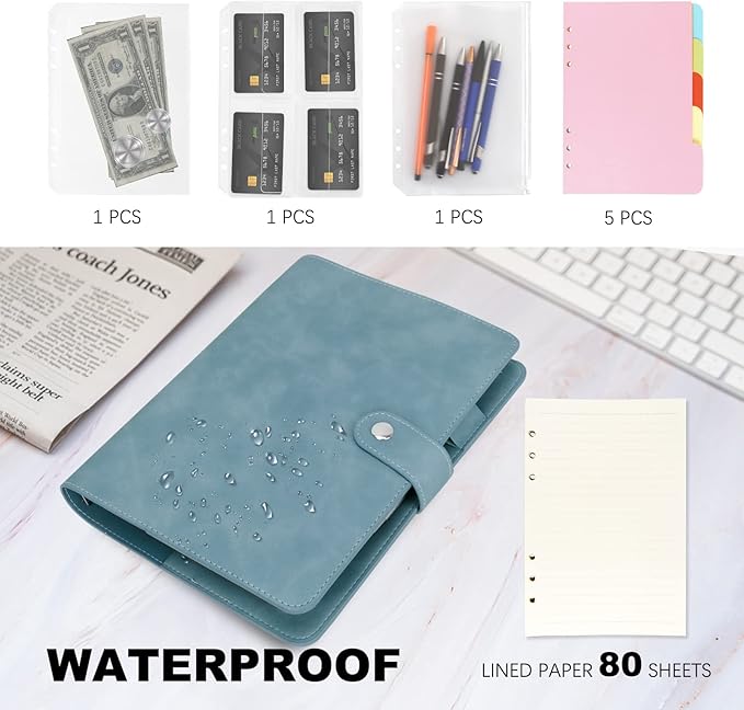 FYY A5 Binder Refillable Planner Notebook 6 Ring PU Leather Binder Journal with Pockets, Dividers, Refill Paper Blue