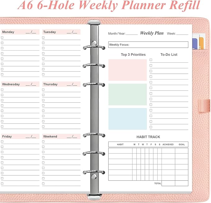 A6 Weekly Planner Refills for Filofax Personal Binders, 53 Sheets/106 Pages Undated Colorful Weekly Planner, 6-Hole Punched, 100 gsm White Paper, Last 1 Year, 3.75" x 6.75"