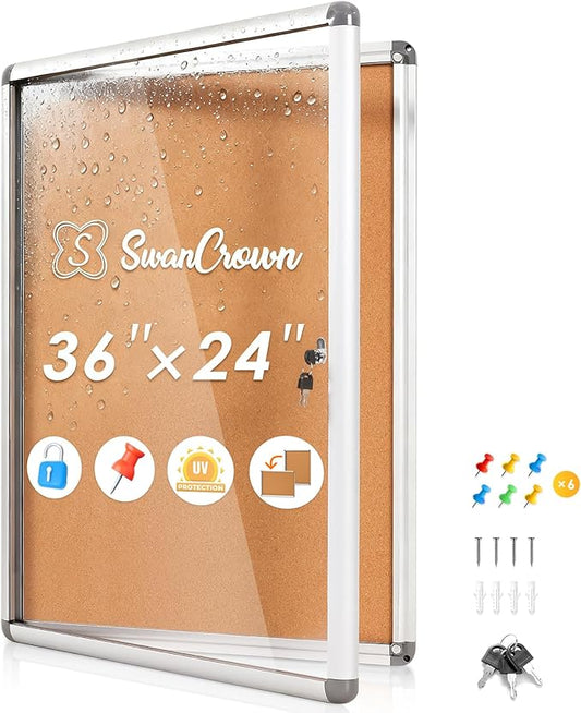 SWANCROWN Enclosed Bulletin Cork Board 36x24 in, Lockable Bulletin Board Tamperproof Wall Display Case for Office School Trade Community, Aluminum Frame