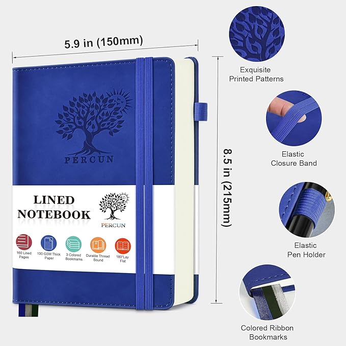 Lined Journal Notebook for Men & Women, 160 Pages College Ruled Journal for Writing, A5 Hardcover Leather Notebooks for Work, School, Business, Travel, Daily Diary 5.9" x 8.5" (Navy)
