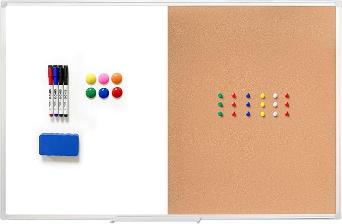 Cork Bulletin Board, 48 X 32 Inches White Magnetic Dry Erase Board, Large Wall Mounted Message Vision Notice Memo Pin Board for Office, Home and School