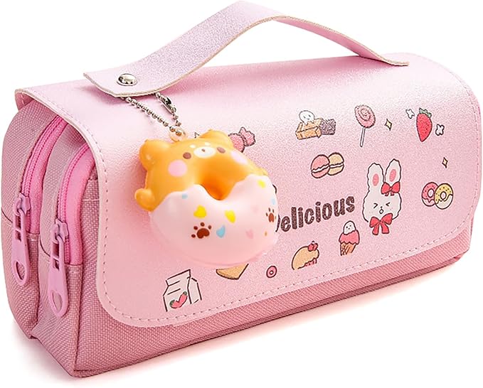 Pencil Case for Girls, Kids Large Capacity Cute Pencil Box with Compartments School Organizer Pen Pouch (Doughnut Pink)
