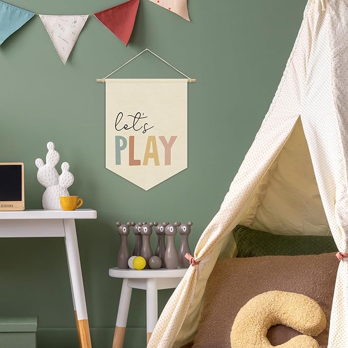 Playroom Sign Decor Let's Play Canvas Banner,Nursery Classroom Wall Art Canvas Hanging Pennant Flag Banner,Kids Room Homeschool Play Sign Wall Decor,Playroom Wall Decor Baby Room Decor 15x11in