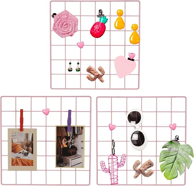 PATIKIL 12x12 in Wall Grid Panel, 3 Pack Wire Grid Panel Shelf Board Metal Gridwall Photo Pictures Display Hanging Organizer Mesh Frame Memo Board for Display DIY Craft Shows Home, Pink