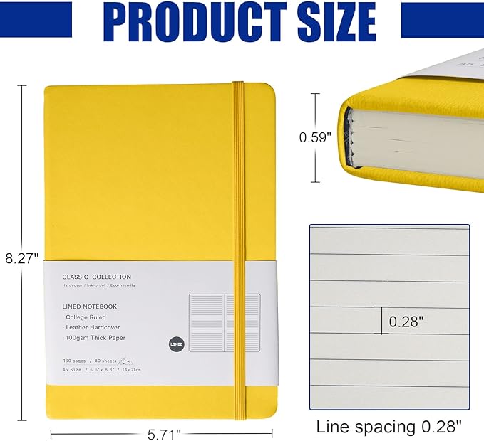 Lined Journal Notebook – Hardcover Notebook for Men & Women – Journals for Writing, Work, School, Home & Daily Notes, 160 Pages – Medium A5, 5.7"x8", 100 gsm Thick Paper (Bright Yellow)