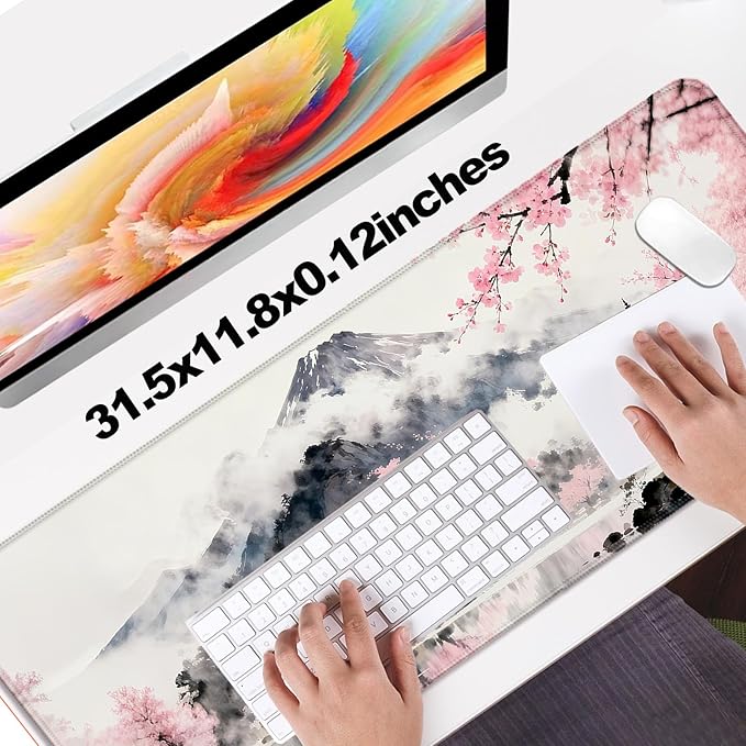 Anime Japan Mount Fuji and Cherry Blossoms XL Large Gray Desk Mat, Extended Long Desk Pad for Gaming and Office, Non-Slip Rubber Base, Comfortable Surface Mouse Pad, 31.5x11.8 in (H17)