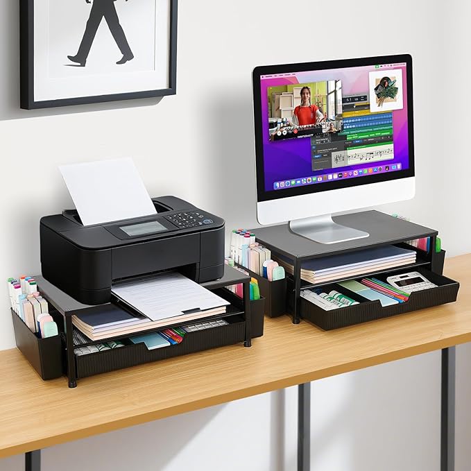 Desk Organizer and Accessories, 2-Tier Computer Monitor Stand Rise with Storage Drawer & 2 Pen Holders, Laptop & Printer Stand for Desktop, Workspace Organizers for Office Supplies (Black)