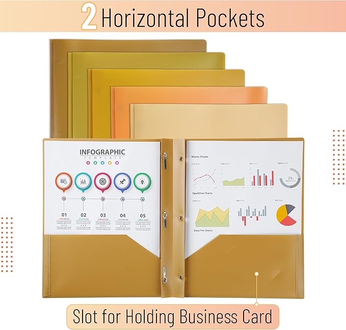 Mr. Pen- Plastic Folders with Pockets and Prongs, 5 Pack, Letter Size, Gold Spectrum, Flexible Plastic Folders with Prongs
