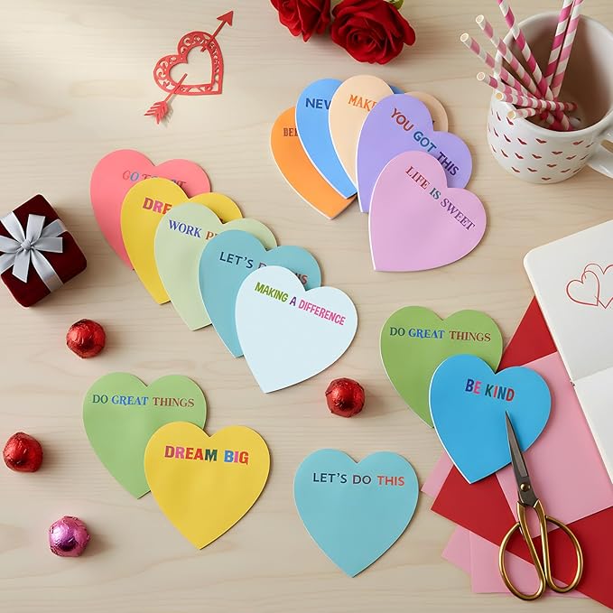 Teling 24 Pack Valentine's Day Sticky Notes Heart Shape Sticky Notes 3 x 3 Inch Motivational Notepads Bulk Cute Memo Pads for Galentines Party Gifts School Office Supplies (Pastel)