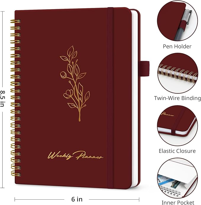 Undated Weekly Planner, Weekly To Do List Notebook with Goal & Habit Tracker Organizer, A5 Weekly Planner Notebook with Spiral Binding, 6.1" x 8.2" - Burgundy