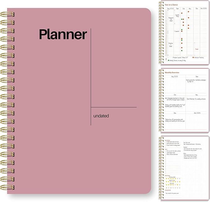 Undated Weekly Planner, 8.5x11” – Dashboard Layout with Yearly Review, Monthly Calendars, & Weekly To Do List, Spiral Bound Organizer for Work, Study & Life (Pink)