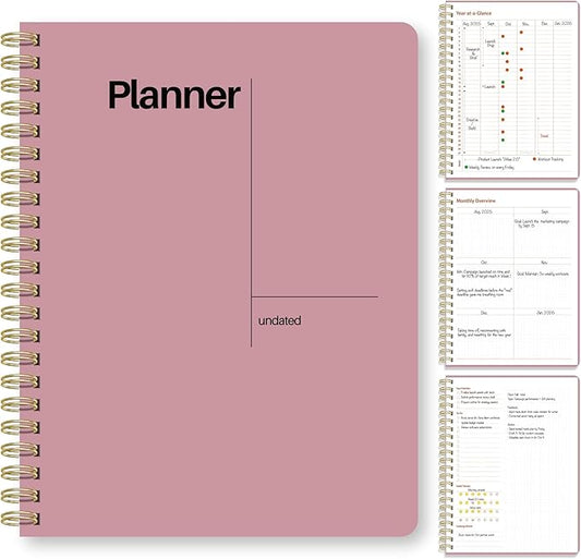 Undated Weekly Planner, 8.5x11” – Dashboard Layout with Yearly Review, Monthly Calendars, & Weekly To Do List, Spiral Bound Organizer for Work, Study & Life (Pink)