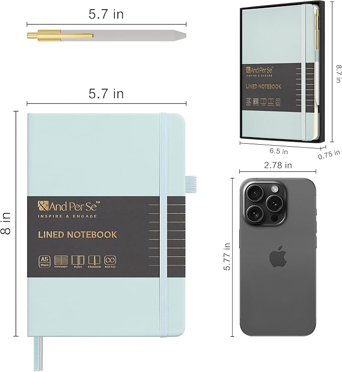 &And Per Se Lined Journal and Pen Set, A5 Leather Hardcover Notebook with Pen & Stationary Set, 160 Pages 100GSM Thick Ruled Paper Journal for Business Work Writing (Cyan, Gift Set)