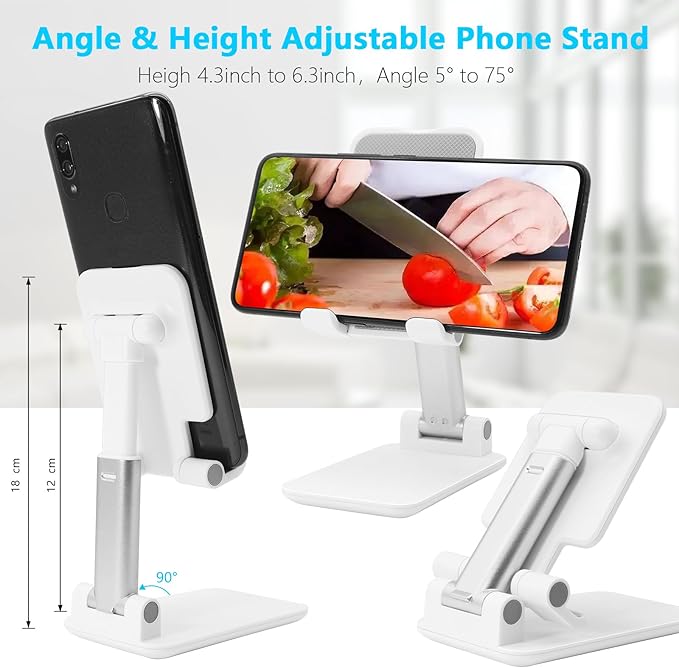 Cell Phone Stand, Folding Desktop Phone Stand, Angle Height Adjustable Mobile Phone Holder for Desk, Office, Tablet Stand Compatible with All Phones 4-10 Inches Cell Phone/Tablet (White)