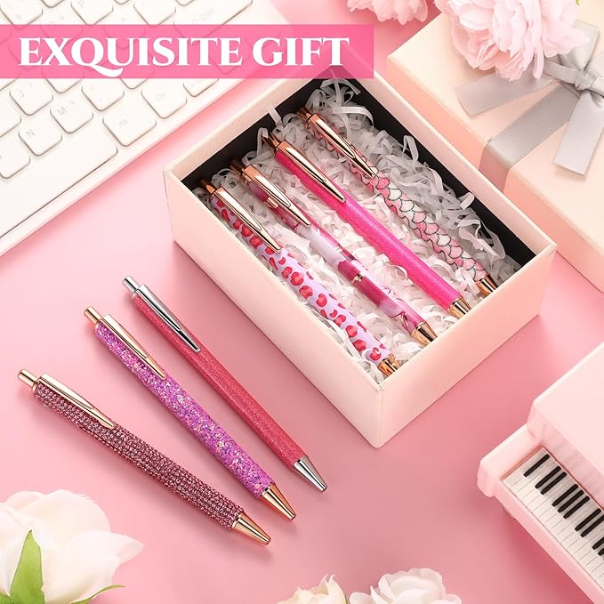 Sherr 7 Pcs Fancy Pens for Women Cute Sparkly Glitter Pens with 10 Pcs Black Ink Refills Pretty Gifts for Girls Office School Christmas Graduation(Lovely)