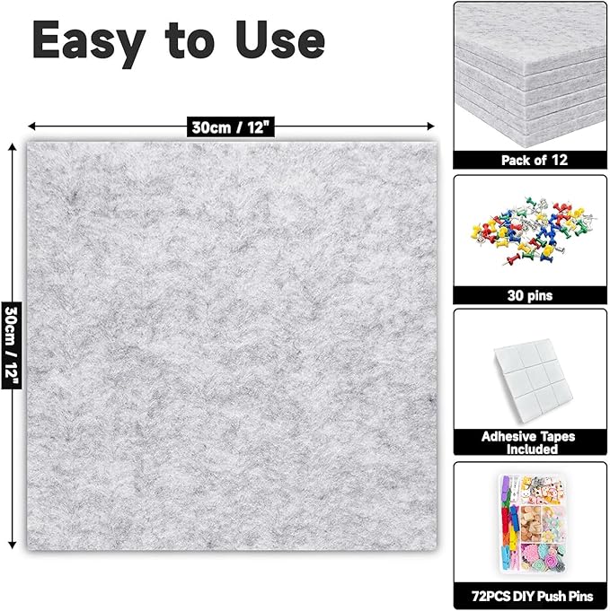 Large Cork Board for Walls, Yunihome 12 Pack 36" x 48" Felt Bulletin Board Wall Tiles for Home Kitchen School Office Wall Decor with Assorted Colors DIY Decorative Push Pins Sets