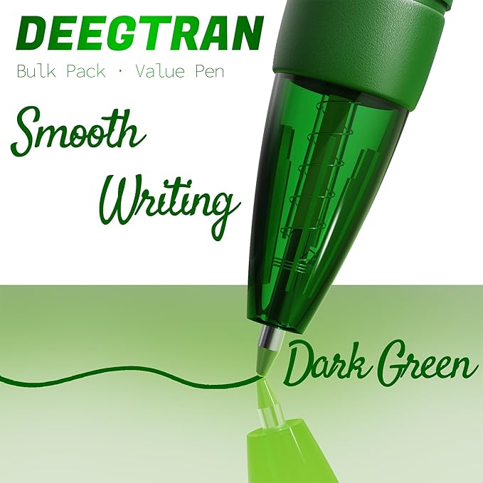 deegtran Pens Bulk, 30 Pack No Bleed Green Ink Click Pens with Soft Grip, Wholesale Retractable Ballpoint Pens for Office School, Medium Point Smooth 1.0MM