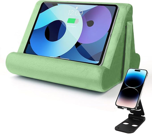 Multi-Angle Tablet Stand with Soft Pad Cushion and Net Pocket - Universal Lazy Holder for Lap, Knee, Sofa and Bed(Green)