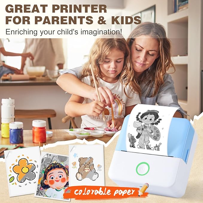 cudinham Print Pods Mini Printer, Thermal Inkless Sticker Maker with 10 Rolls Printing Paper, Pocket Printpod for Phone, Impresora Portátil for Notes, DIY, Compatible with iOS & Android (Blue)