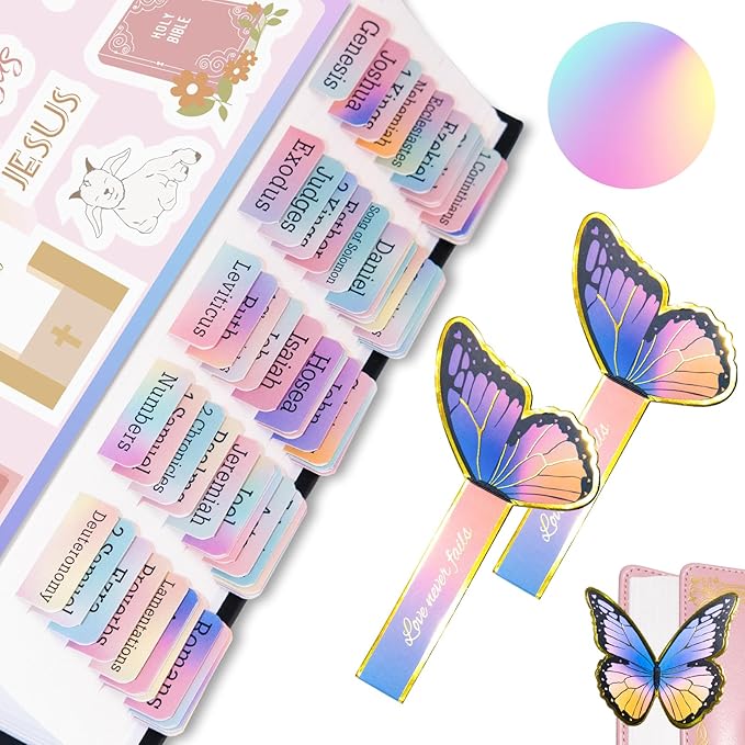 Bible Tabs with 3D Butterfly Paper Bookmark, Laminated Bible Tabs for Women, Christian Gifts, Large Print Bible Index Tabs, Bible Study Supplies (Rainbow2)