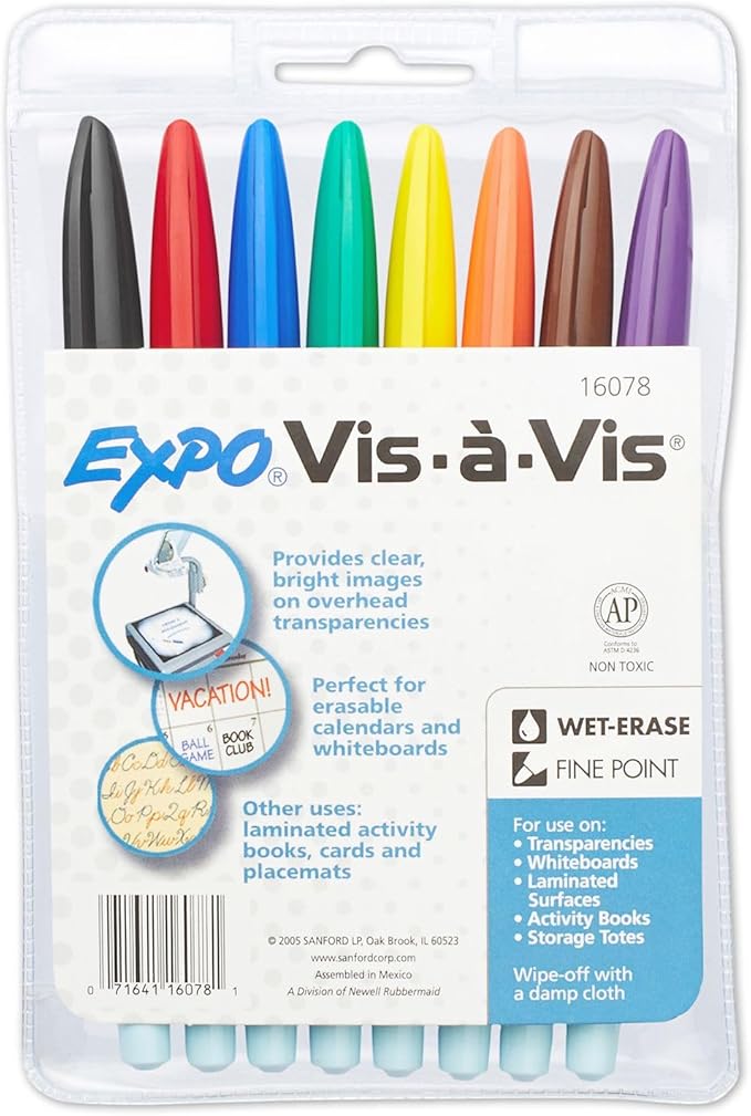EXPO Vis-a-Vis Wet Erase Marker Set, Fine Tip, Assorted Colors, 8 Count